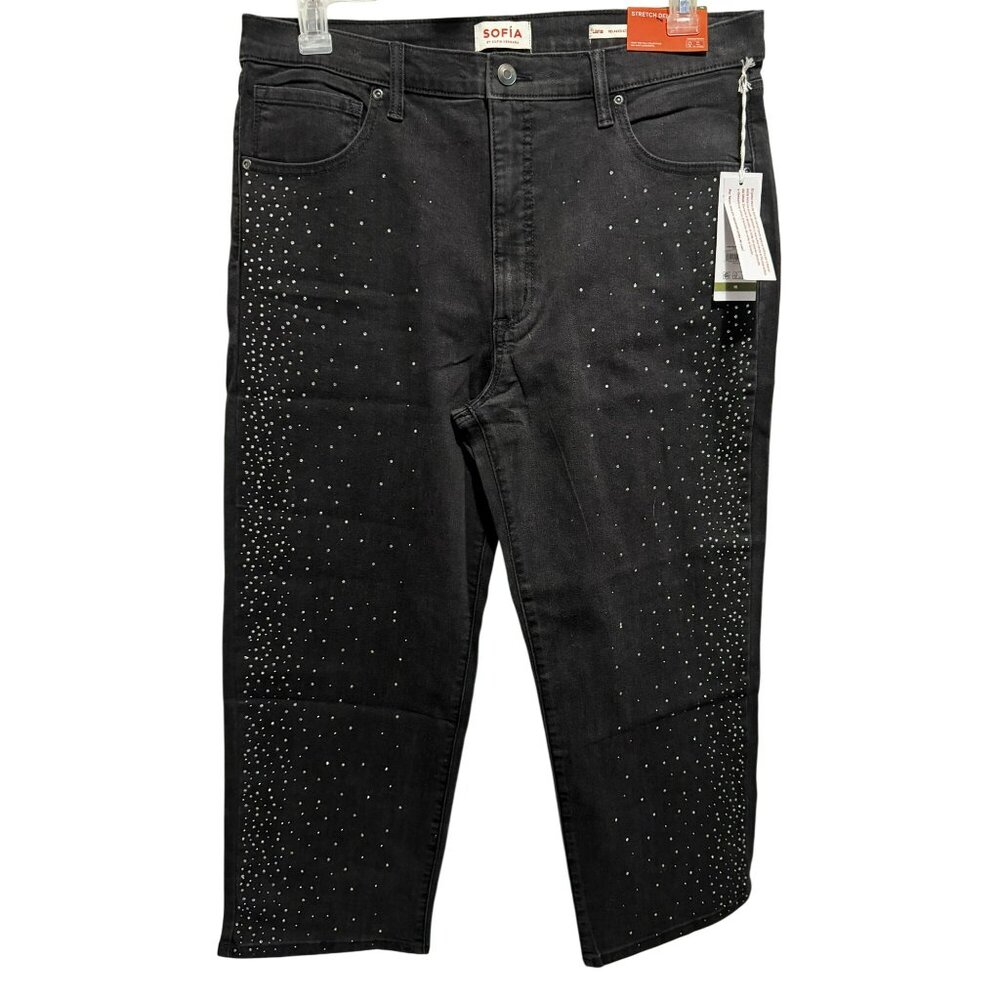Sofia Women's Lana Black Embellished Relaxed Straight Cropped High Rise Jeans 16